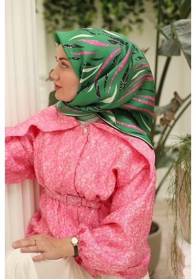 Silk Home Yeşil Pembe Desenli Tivil İpek Eşarp 11432-58 Çok Renkli
