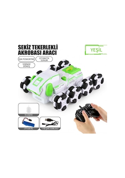 Uzaktan Kumandalı 8 Tekerlekli Akrobat Araba - Buhar Püskürten Işıklı Şarjlı Robot Köpek Oyuncak Yeşil