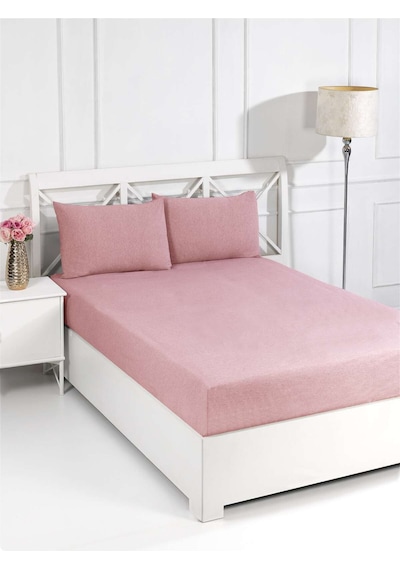 Pamuklu Çift Kişilik Lastikli Çarşaf Takımı 160x200 + 2 Adet Yastık Kılıfı Pudra