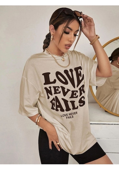 Flood Of Style Kadın Bej Love Never Faıls Baskılı Oversize Bisiklet Yaka Tshirt