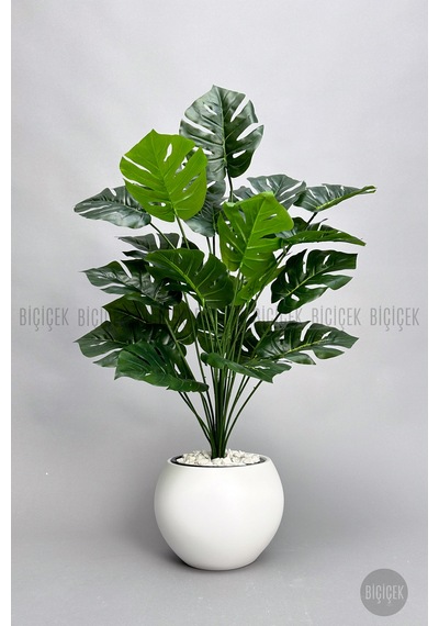 Biçiçek Yapay Monstera Deve Tabani Bi̇tki̇si̇ 65 Cm Beyaz Küre Saksıda