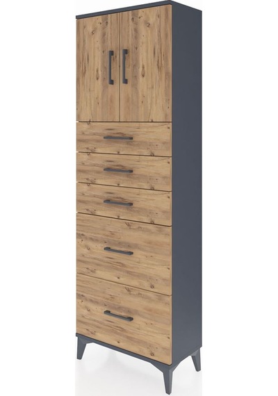 Arges Dolap 2 Raflı 5 Çekmeceli 2 Kapaklı 60x30x182 Antrasit-çam Antrasit