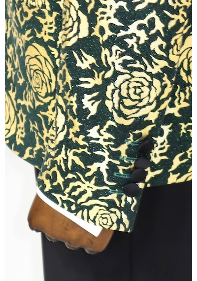 Wessi Gold Gül Desenli Slim Fit Yeşil Erkek Smokin Ceket Yeşil
