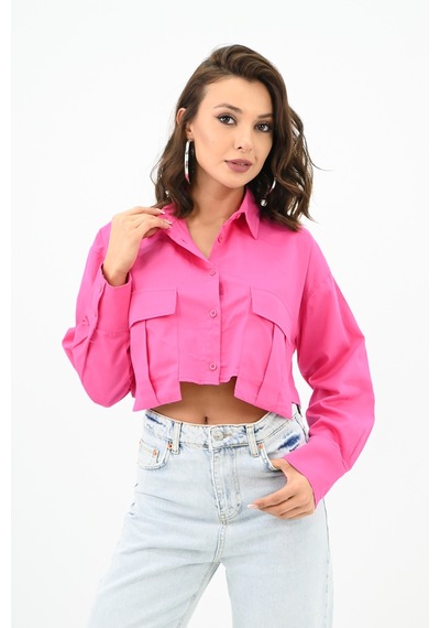 Koza Butik Kadın Crop Cep Detaylı Gömlek 1672-24 001