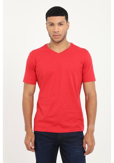 Dufy Erkek Slim Fit V Yaka Kırmızı T-shirt-19167 Kirmizi