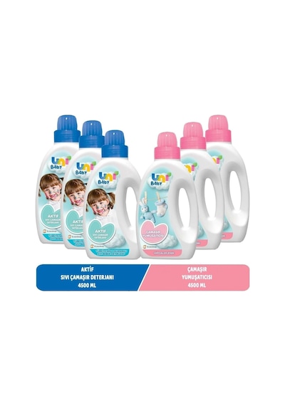 Unibaby Aktif Mavi Sıvı Çamaşır Deterjanı 1500 ML + Çamaşır Yumuşatıcı Pembe Paket 1500 ML 3'lü