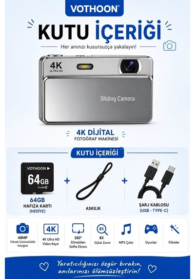Dijital Kamera 4k Hd 48mp 8x Zoom Flaşlı Kayar Retro Video Kamera 2.4 Ekran 64gb Sd KartPembe Na Belirtilmemiş