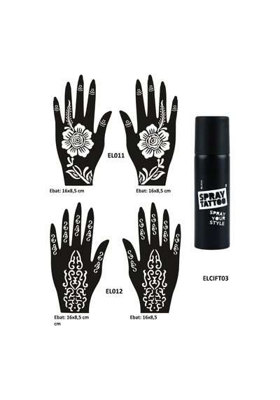 Airbrush Tattoo Karanfil Desenler El Üstü Geçici Dövme Seti Dark Siyah Sprey + El Kalıbı 4'lü
