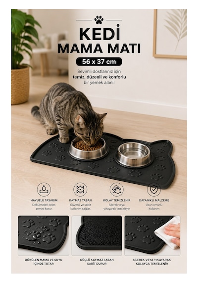 Kedi Beslenme Paspası Kedi Mama Matı Figürlü Yıkanabilir Kokusuz 56x37