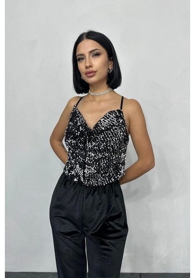 Defymoda Gümüş Askılı Degaje Bluz Gümüş