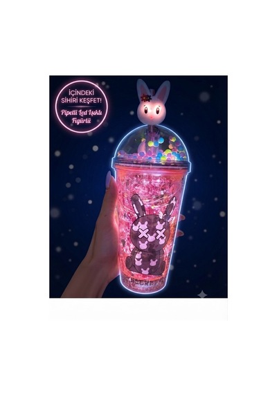 Çift Katlı İçecek Bardağı Led Işıklı Pipetli Kawaii Chibi Sevimli Tavşan Figürlü Suluk 450ml Kırmızı