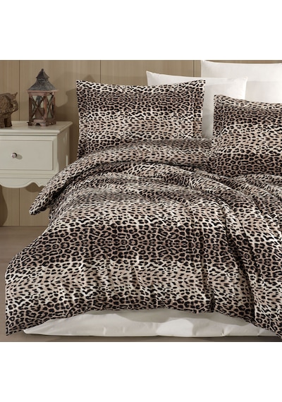 Tek Kişilik Leopar Desen Nevresim Takımı 160x220 2 Yastık Kılıfı Lastikli Çarşaflı 100x200+30 Kahverengi