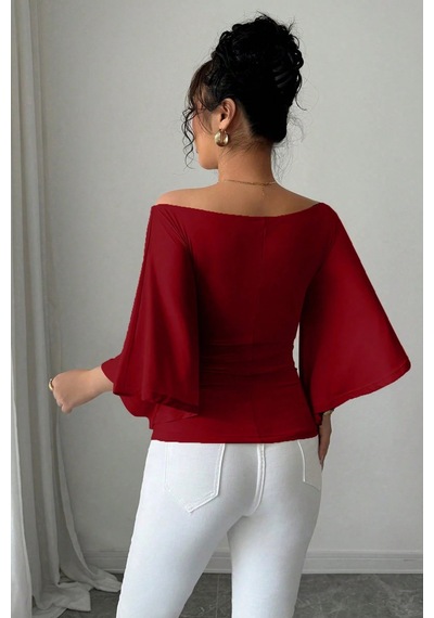 Kadın Beyaz Kayık Yaka Flare Kol Drapeli Fit Bluz Bordo