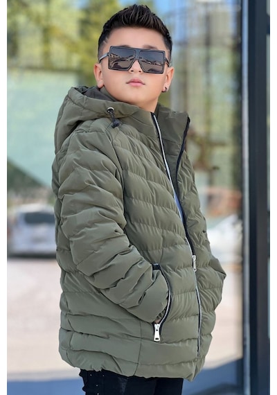 Pina Kids Erkek Çocuk Çıkarılabilir Kapüşonlu Sık Dikişli Nova Kumaş Kışlık Şişme Mont Km4016 Haki