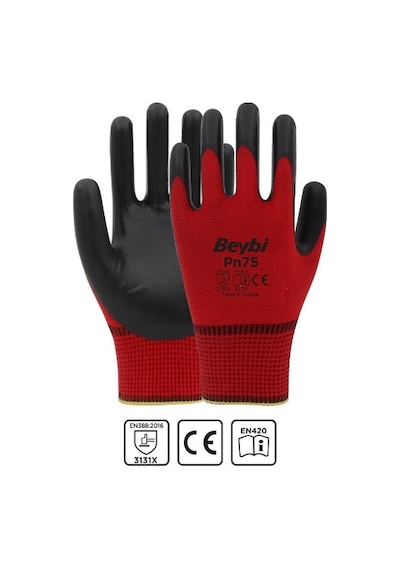 Beybi Pn5 Kırmızı Polyester Örme Nitril Iş Eldiveni 12 Çift