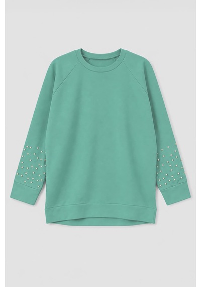 Markapia Kadın Oversize Taş Detaylı Geniş Kalıp Sweatshirt Mint Yeşili