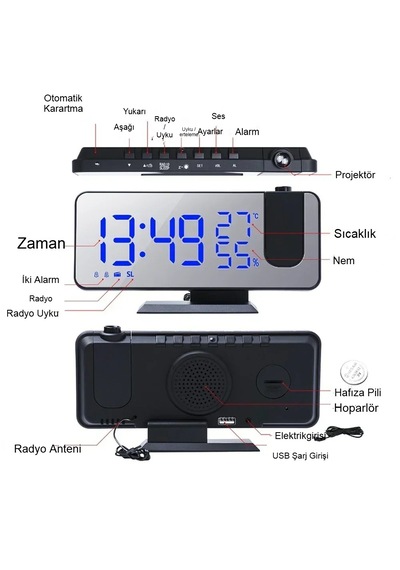 Çok Fonksiyonlu Ayna Saat Fm Radyo Alarm Projeksiyon Sıcaklık ...