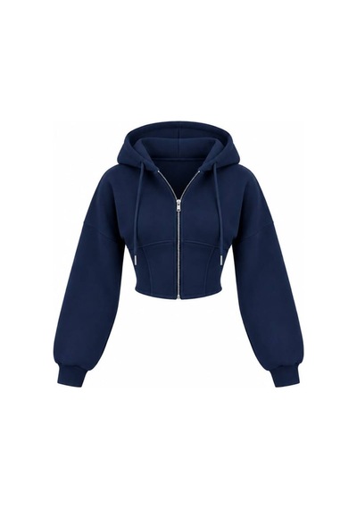 Evoa Kadın Lacivert Oversize Kol Kapüşonlu Crop Hırka