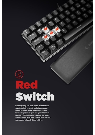 Ally K11 Mekanik Oyuncu Klavyesi, Red Switch, 12 Işık Modlu, Antighosting, Bilek Destekli, Siyah