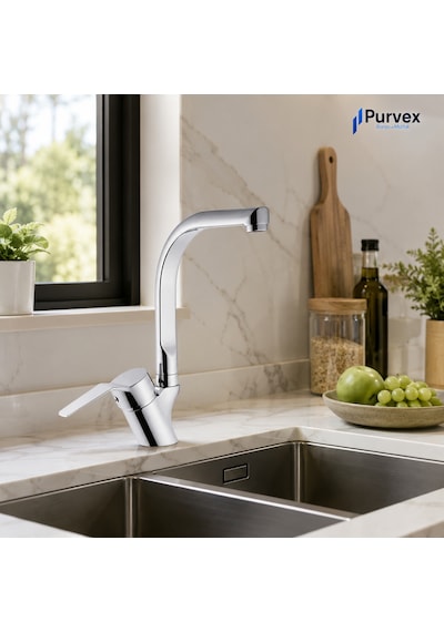 Purvex Home Spektra Eviye Bataryası Mutfak Evye Musluğu L Tipi Döner Borulu Tezgah Üstü Aç Kapa Krom Pirinç Musluk Bataryası Lüks Modern Tasarım