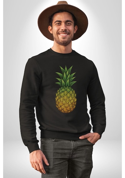 Ananas Meyve Unisex Siyah Baskılı Sweatshirt Siyah