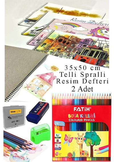 24 Renk Fatih Kuru Boya 35x50 Cm Telli Spralli Resim Defteri Hamur Silgi Kalemtraş 15 Yaprak Resim Defteri Kuruboya Çok Renkli