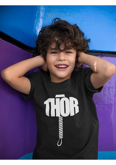 Sevbano Thor Çekiç Baskılı Unisex Avengers Çocuk Tişört 1-12 Yaş SIYAH