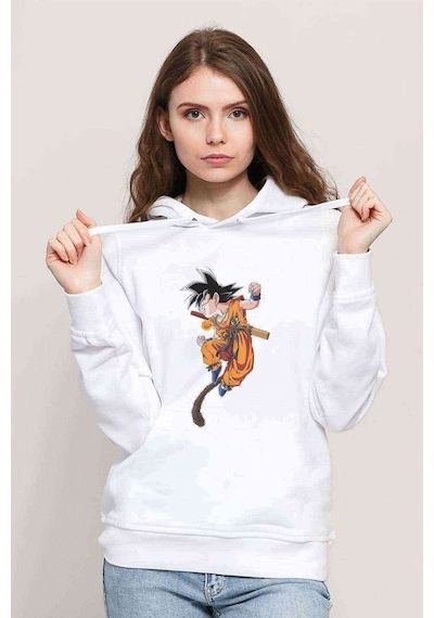 Anime Dragon Ball Baskılı Beyaz Kadın Kapşonlu Sweatshirt (534769414)