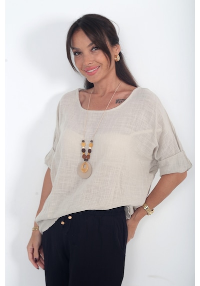 By Saygı Kadın İtalyan Coton Oversize Bluz Bej