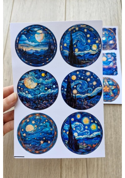 Kolbi Craft 12 Adet Vitray Van Gogh Sticker Seti Bullet Journal Laptop Termos Scrapbook Renkli Cam Yuvarlak Abanoz