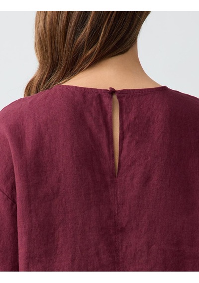 Jimmy Key Bordo %100 Keten Rahat Kesim Kısa Kollu Bisiklet Yaka Bluz 5sw032574562
