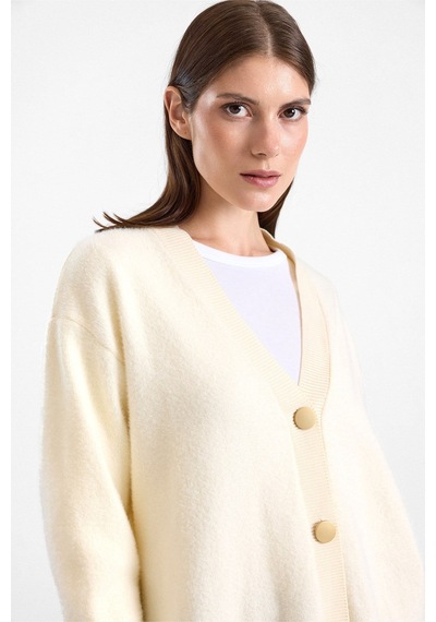 Olcay V Yaka Soft Kumaş Hırka Krem 8295