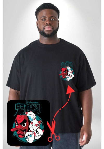 Angemiel Japon Anime Tengu Maske Siyah Büyük Beden Kadın Basic Minimal Baskılı Tişört Siyah