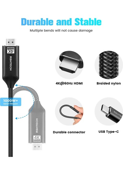 Rshtech Usb C - Hdmı Kablosu 1.8 Metre 4k 60hz Type C - Hdmı Kablosu 4k 60hz Örgü Kablo