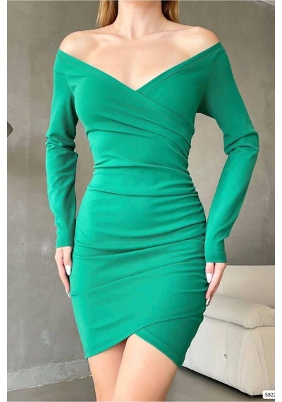 Veraura Lifestyle Kadın Kruvaze Yaka Büzgülü Mini Uzun Kollu Elbise Yeşil
