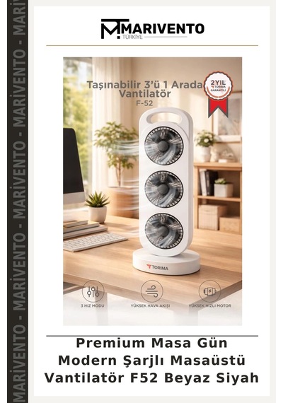 Premium Masa Gün Modern Şarjlı Masaüstü Vantilatör F52 Beyaz Siyah