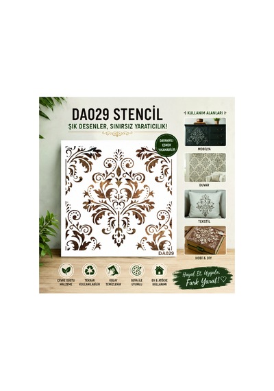 Kk Swords Stencil Tasarım Da029 Damask- Dekoratif Duvar, Fayans Ve Eşya Boyama Şablonları 25x25 Cm Da02900000003