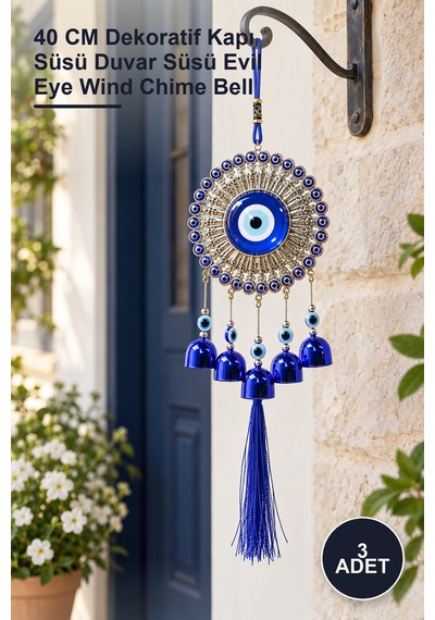 3 Adet Metal Nazar Boncuğu Çan 40 Cm Dekoratif Kapı Süsü Duvar Süsü Evil Eye Wind Chime Bell