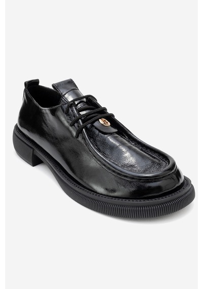 Luvishoes Luvi Shoes Band Siyah Kırışık Rugan Hakiki Deri Bağcıklı Kadın Loafer Ayakkabı Siyah