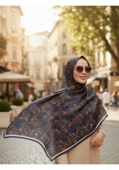Vivid Floral Desen Pure Touch Koton Şal 75x185cm Lacivert-turuncu
