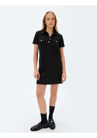 Koton Polo Yaka Elbise Mini Boy A Kesim Kısa Kollu İnci Düğme Ve Cep Detaylı Siyah 5sak80042ek Siyah