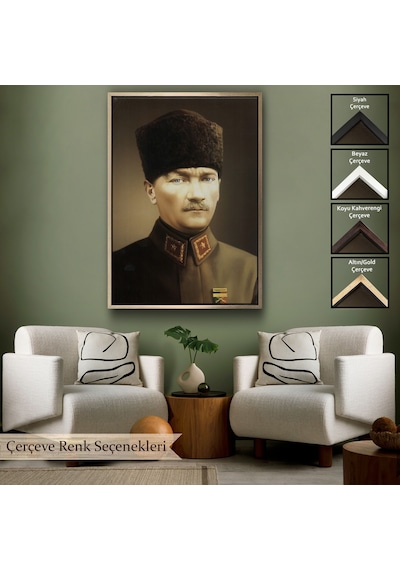 Çerçeveli Atatürk Portre Tablosu Mustafa Kemal Atatürk Dikdörtgen Dekoratif Kanvas Tablo-61