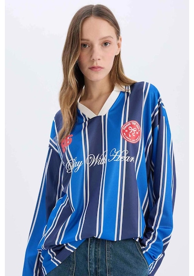 DeFacto Coool Oversize Geniş Kalıp Polo Yaka Baskılı Forma Kumaşı Uzun Kollu Tişört E5373AX25SPNV241 DeFacto Coool Oversize Geniş Kalıp Polo Yaka Baskılı Forma Kumaşı Uzun Kollu Tişört E5373AX25SPNV241