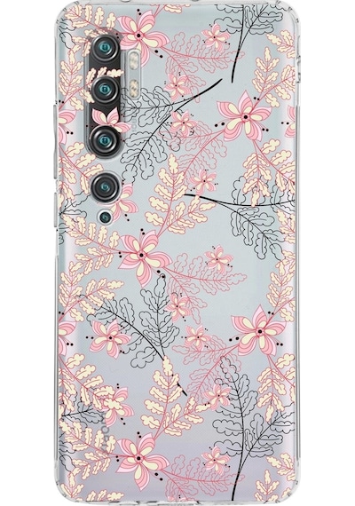 Xiaomi Mi Note 10 Pro Kamera Korumalı Kapak Floral Kırmızı Tasarımlı Şeffaf Kılıf