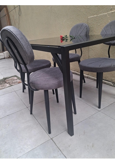 Masa 90550 Cam Metal Siyah Ayak Füme Cam Temperli 8mm Sabit Masa 4 Adet Sandalye Takım Siyah Masa 90550 Cam Metal Siyah Ayak Füme Cam Temperli 8mm Sabit Masa 4 Adet Sandalye Takım Siyah