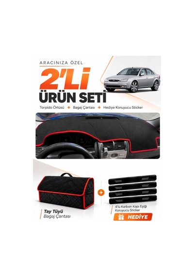 Ford Mondeo 3 2000-2007 Uyumlu Torpido Örtüsü + Tay Tüyü Bagaj Çantası + Sticker - Siyah Kırmızı