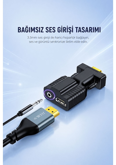 Hdmı - Vga Dönüştürücü Adaptör Kablo, 1080p Full Hd Görüntü Ve 3.5mm Ses Destekli Çevirici, Laptop Pc Oyun Konsolu Monitör Tv Projektör Uyumlu, Tak Çalıştır Z125