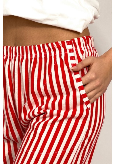 Kadın Cepli Pamuklu Lastikli Bel Kurdeleli Desenli Pijama Altı Kırmızı