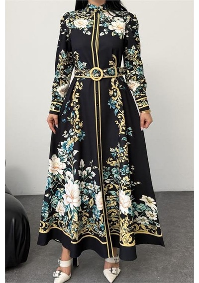 Neşeli Butik Kadın Siyah Hakim Yaka Çiçek Desenli Maxi Boy Tasarım Elbise Nbms2653 Siyah