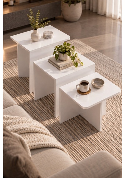 Sulorahome 3'lü Modern Beyaz Zigon Sehpa Seti